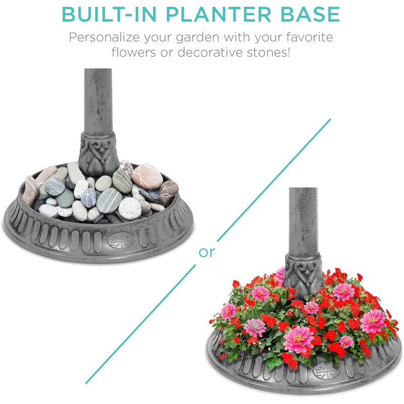 Stone Solar-Powered Bird Bath with Planter Base and Lamp