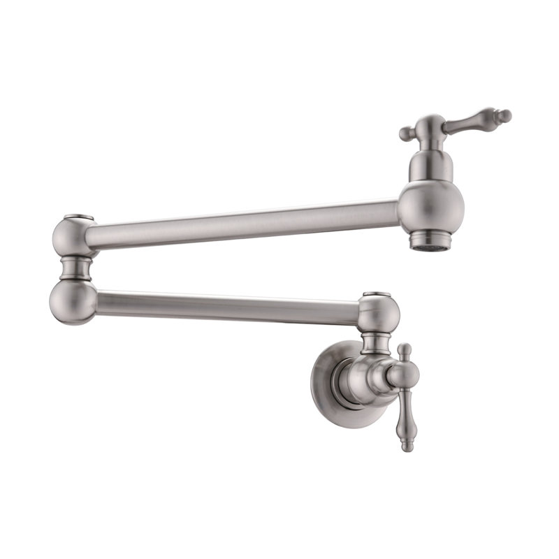 Brushed Nickel Kitchen Pot Filler Faucet, Wall Mount With Folding Function, Double Handles For Easy Water Control, Surface Mounted Faucet In Nickel, 360 Rotation And Folding, Precise Release, Material