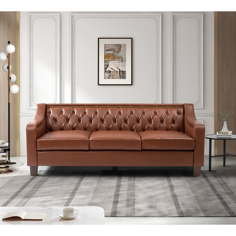 Raeburn 82.28" Wide Genuine Leather Sofa With Sloped Arms, Brown Genuine Leather
