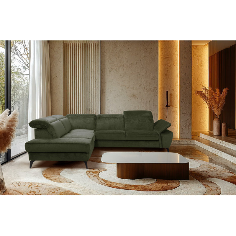 Bellagio Fabric Corner Sofa with Pull-Out Bed, Storage, Adjustable Headrests and Armrest, Left Hand Facing, Green
