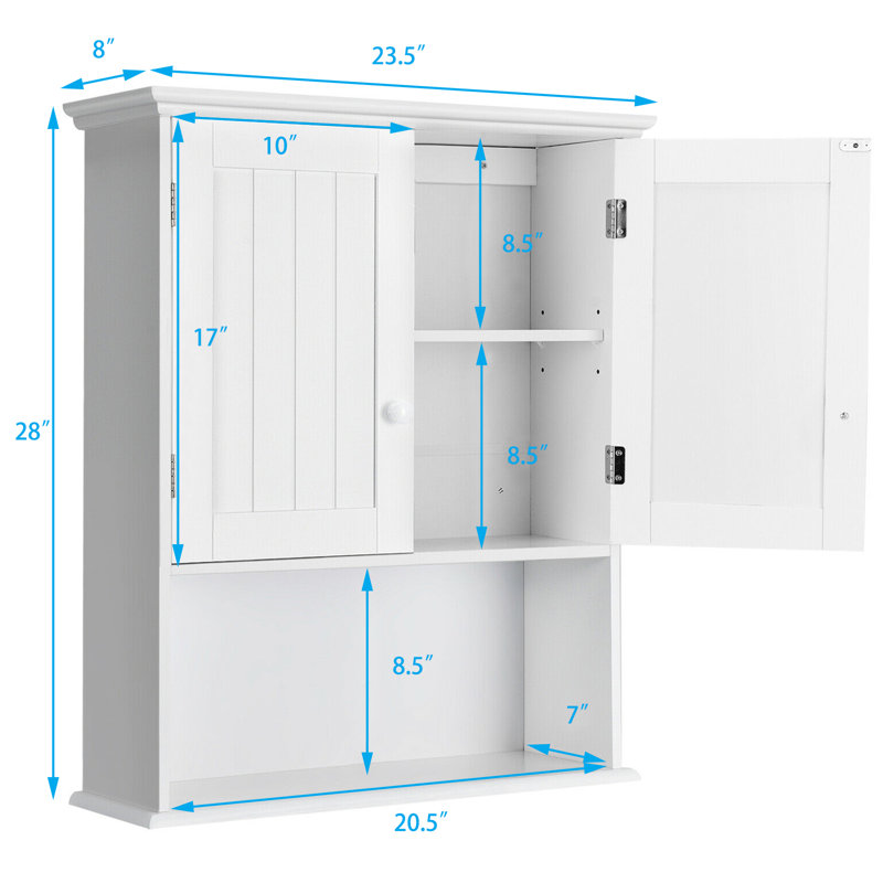 Dalila Modern Wall-Mounted Bathroom Storage Cabinet with Double Doors and Open Shelf, White