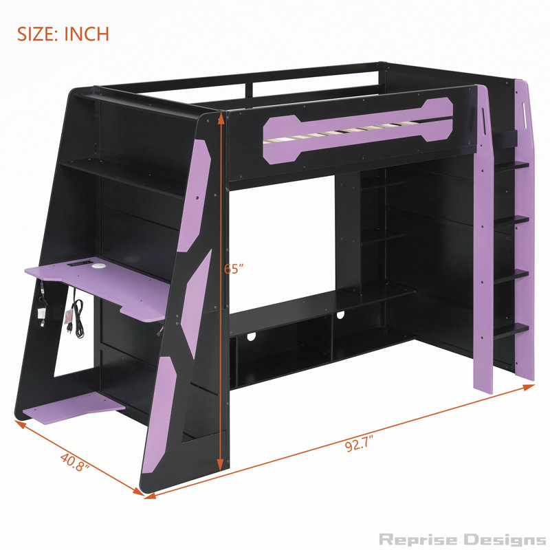 Lit mezzanine en bois avec bureau, tablettes et éclairage RVB, Twin