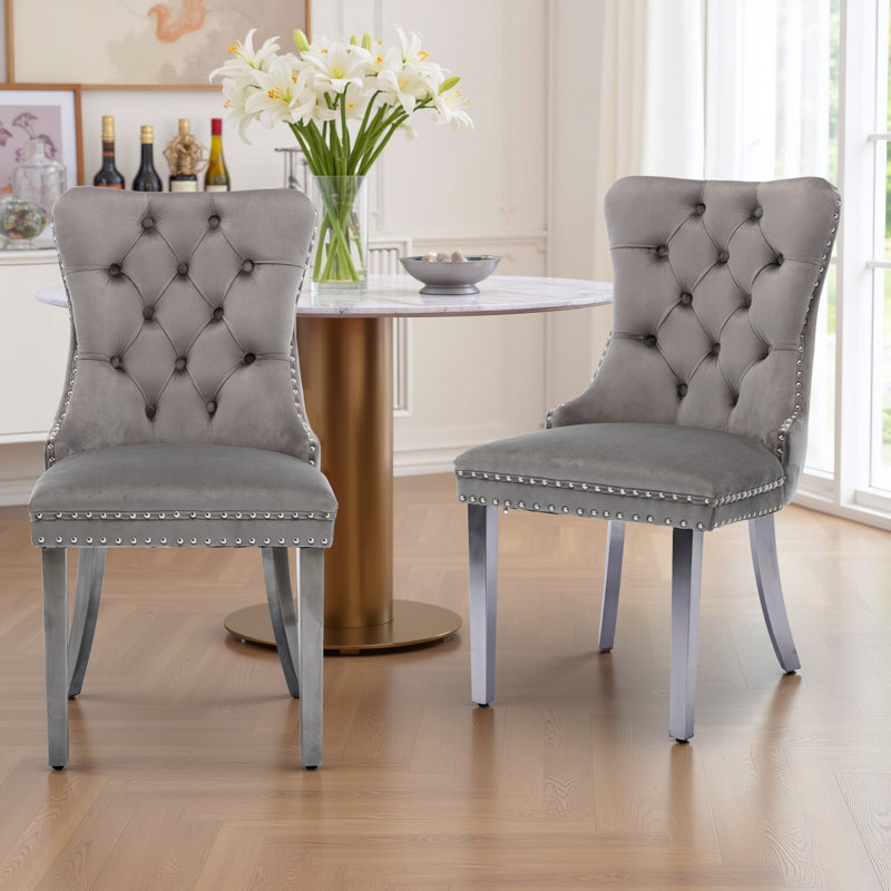 Velvet Dining Chairs Set Of 6, Upholstered High-End Tufted Dining Room Chair With Nailhead Back Ring Pull Trim Metal Legs, Contemporary Nikki Collection Modern Style For Kitchen