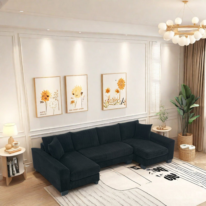 Canapé modulaire en U en velours côtelé avec méridienne, canapé-lit escamotable, 4 coussins de dossier et 2 coussins, canapé convertible moderne pour salon, appartement