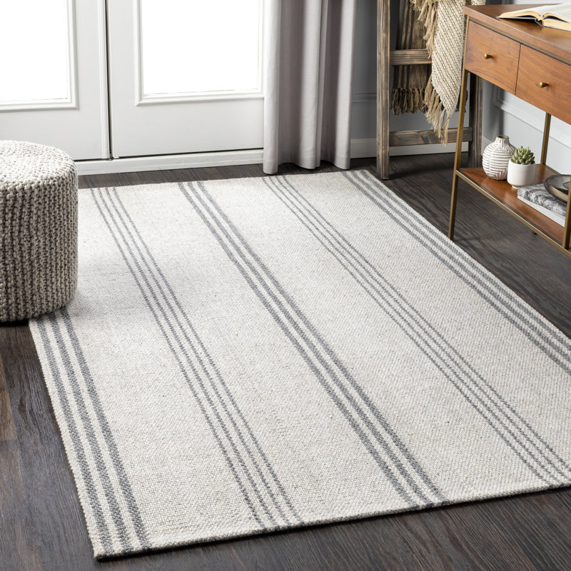 Tapis rayé tissé à la main avoine / gris Mathers, Rectangle 5 pi x 7 pi 6 po