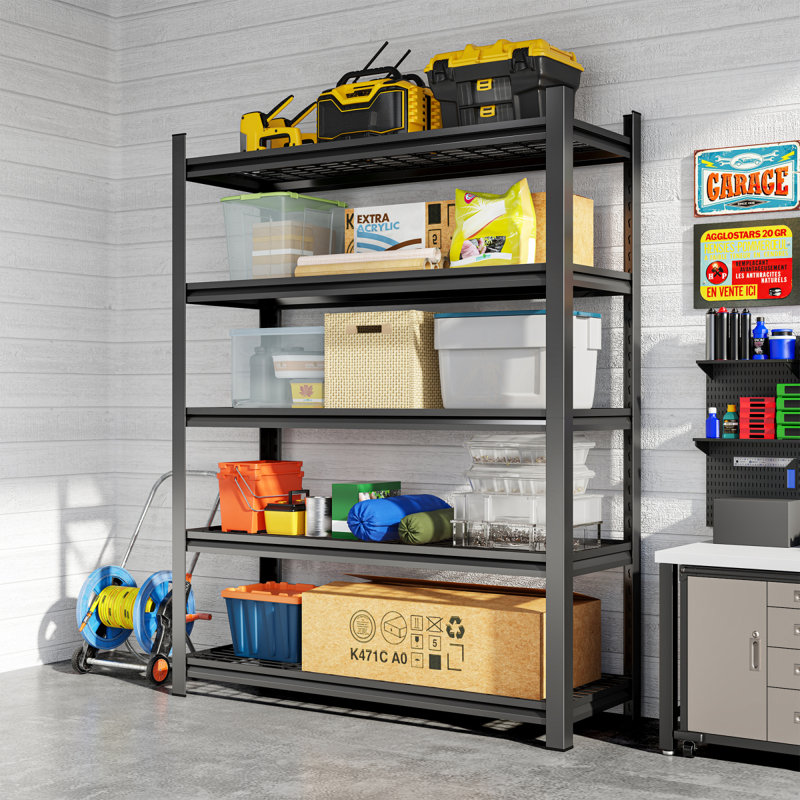 Étagère de garage à cinq étages, pouvant accueillir 2 500 lb, tablette réglable en métal, noir, nécessite un assemblage, H 71,2 po x L 47,24 po x P 23,62 po