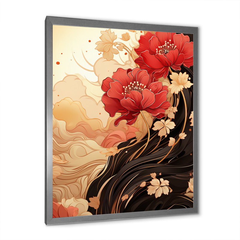 «Red Chrysanthemums on Branch Japanese Retro I», reproduction sur toile, H 32 po x l 16 po x P 1 po, Cadre simple argenté