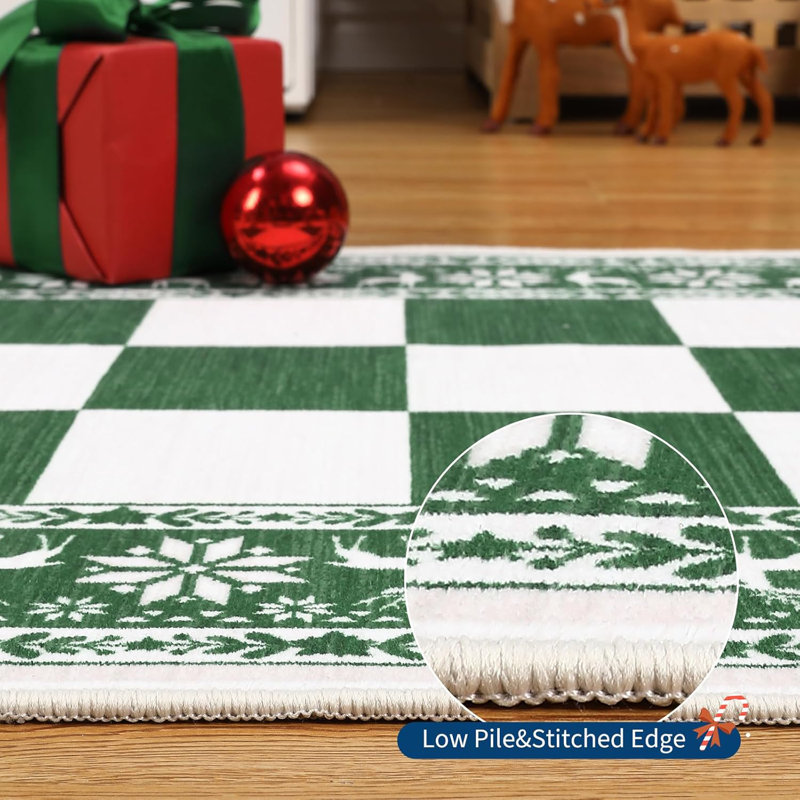 Rug, Checkered Christmas Rugs for Holiday Decor, Non Slip Low Pile Washable Rug for Kitchen, Entryway, Living Room, Bedroom, Red