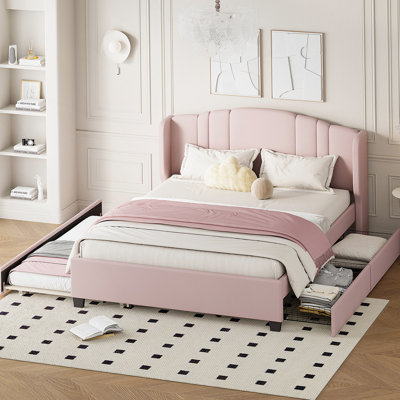 Lit plateforme tapissier avec tête de lit à oreilles, un lit gigogne simple et deux tiroirs, assurant un sommeil confortable et un grand espace de rangement
