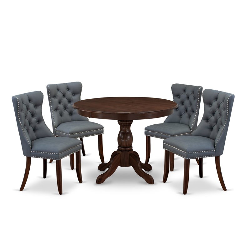 5 Piece Dining Room Set Consists of a Round Solid Wood Table and 4 Polyester fabric Upholstered Chairs, Antique Walnut