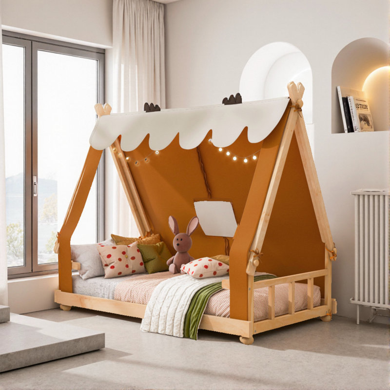 Full Size House-Shaped Bed With Delicate Tent, Brown/Natural, Full