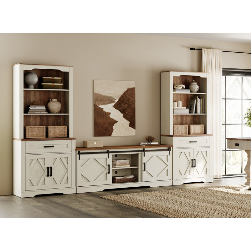 Laziza Farmhouse Entertainment Center With Bookshelf For Tvs Up To 75",Mid Century Modern TV Stand With 73"H Tall 5-Tier Bookcase With Open Storage And Barn Doors For Living Room,Bedroom,