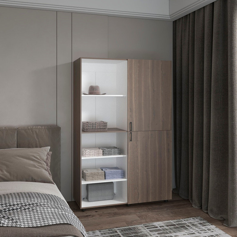 Armoire autoportante blanche et acajou à deux portes avec tringle et tablettes, Blanc / Brun