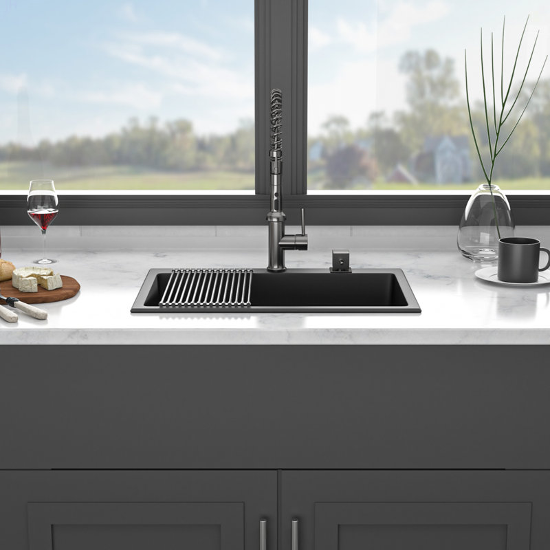 Évier de cuisine en quartz - Évier de cuisine encastré en granite noir 33 x 22 po