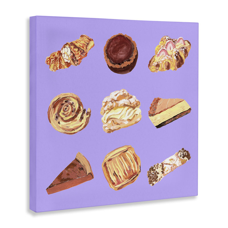 Délicieuses pâtisseries sur toile mauve, design par Melissa Wang, H 17 po x l 17 po
