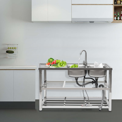 Stainles Steel Double Bowl Kitchen Utility Sink Set & Prep Table