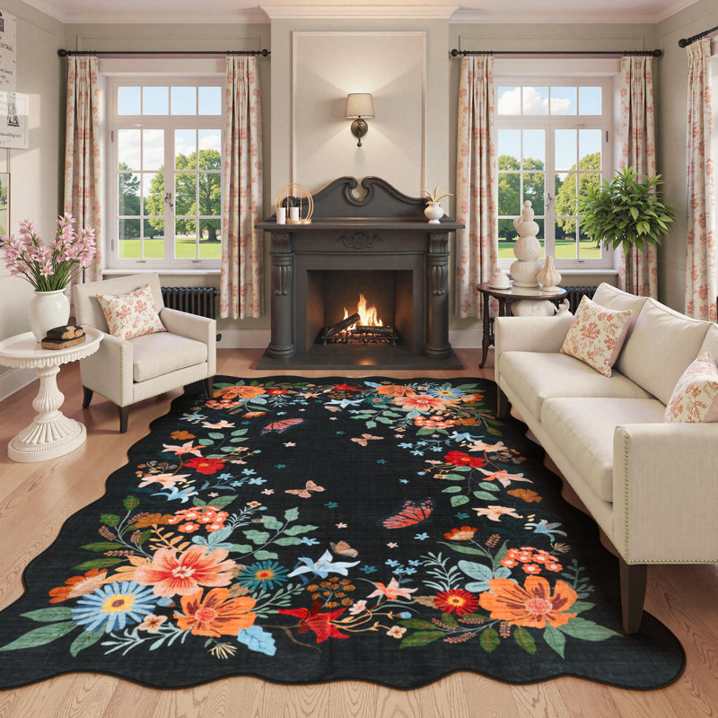 Tapis ultra-fin à motif floral Kaldi Boho, Rectangulaire 8 pi x 10 pi
