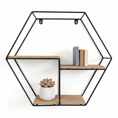 Étagère murale hexagonale Zynix, présentoir flottant géométrique moderne en bois et métal noir