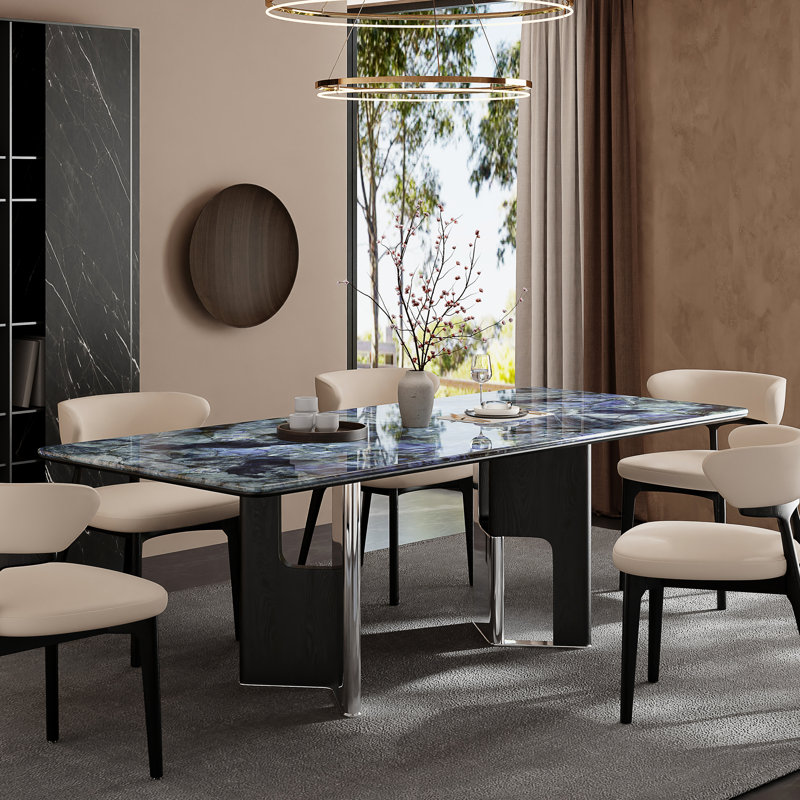 78.7" Modern Dining Table, Glossy Sintered Stone Top, Stainless Steel Double Legs for 8-10