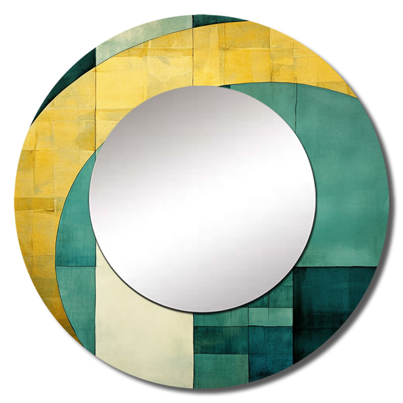 Emerald And Golden Arches I - Abstract Shapes Mirror, Gold Round Unique Wall Mirror, Printed Metal Art, 23" x 23"