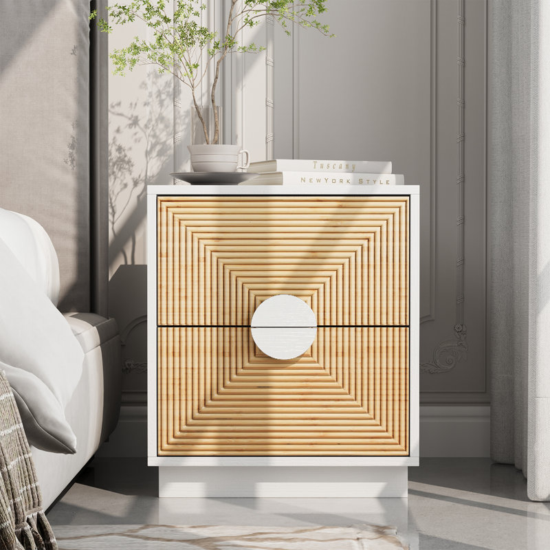 Table de chevet 2 tiroirs Modern Boho avec façade en rotin géométrique et cadre blanc, Blanc, Individuel