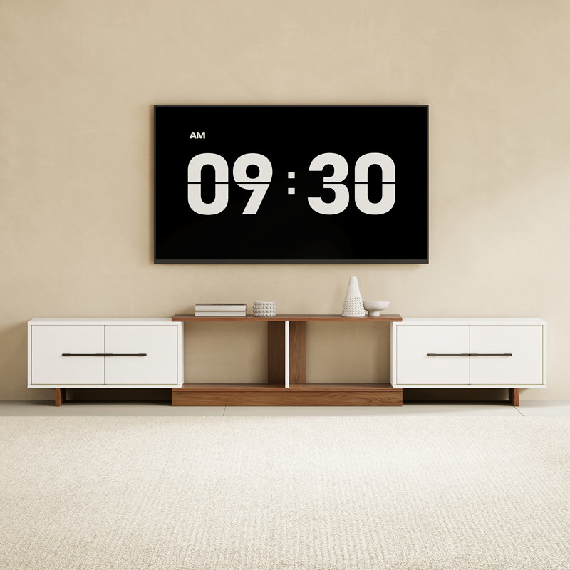 Extendable Tv Stand, Modern Tv Stand With 4 Large Cabinets, Entertainment Center Accommodates 120-Inch Tv, Ideal For Living Rooms, Wood Grain/White Finish