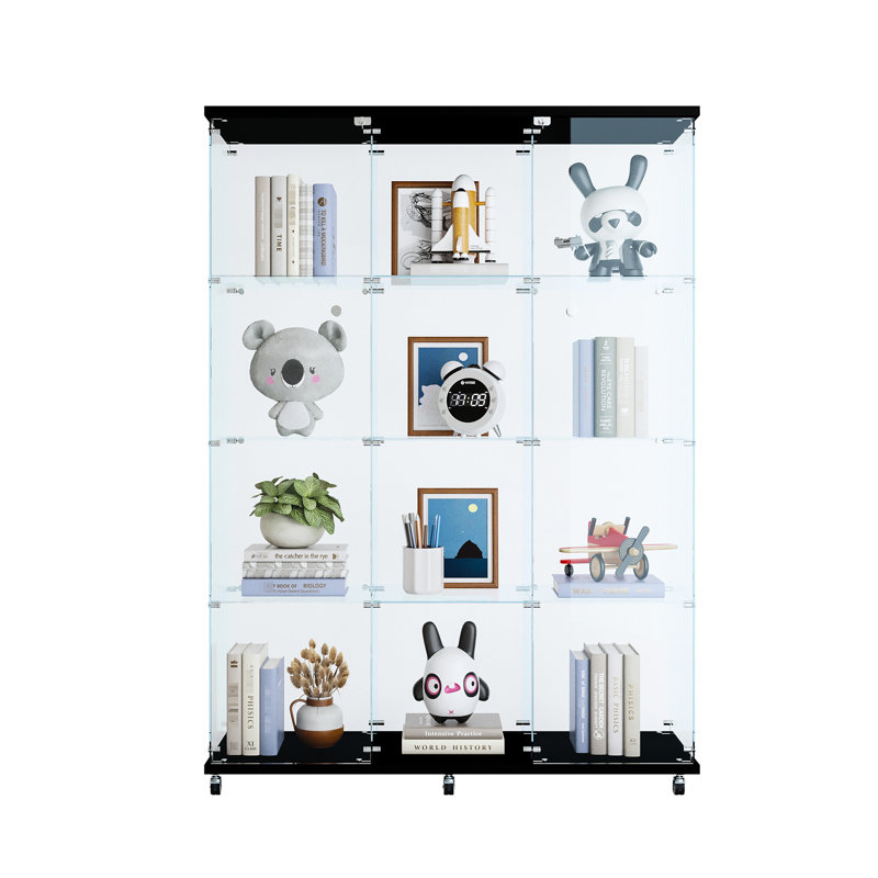 Grande vitrine à 4 tablettes en verre noir pour chambre à coucher, convient aux figurines, vin, whisky, verre trempé de 5 mm, armoire en bois, rangement en métal à rivets, poignée solide