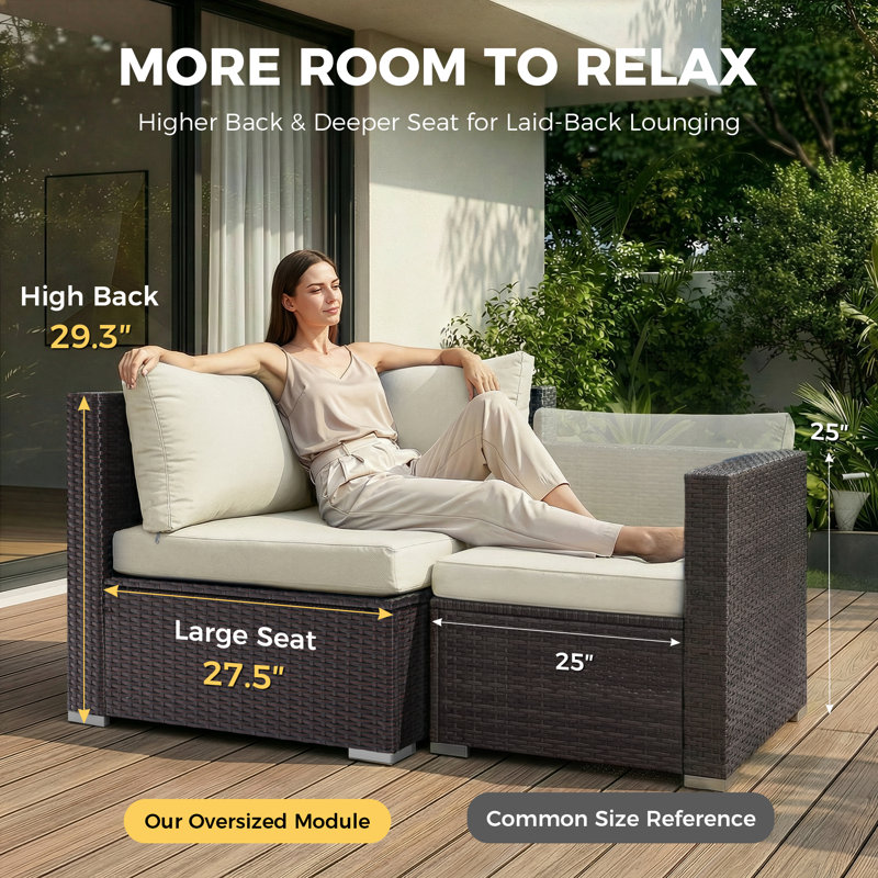 7-Piece Outdoor Furniture Set with Fire Pit Patio Wicker Conversation Set Cushions, Espresso, Beige