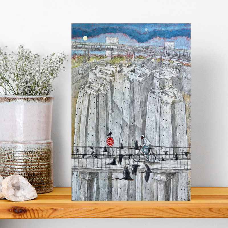 «Urban Bridge Cyclist Contemporary Industrial Modern Bird Architecture City Art mural, H 18 po x l 12 po