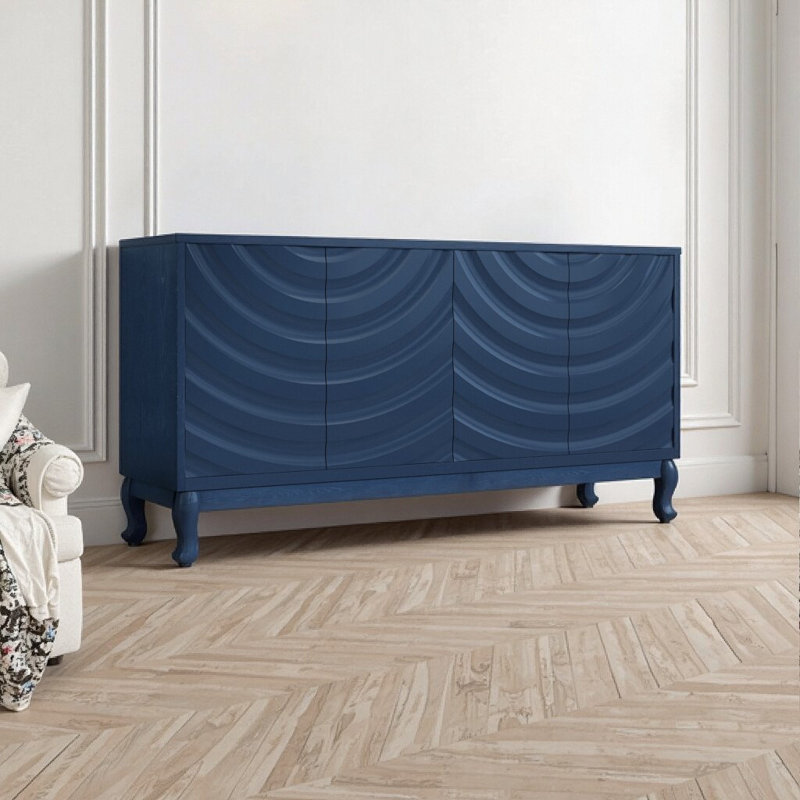 Buffet élégant bleu marine avec portes à motif ondulé - Rangement réglable à quatre portes pour le salon et au-delà