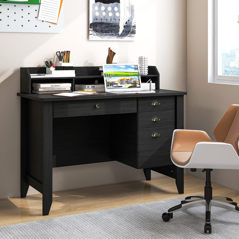 Red Barrel Studio Vintage Computer Desk With 4 Drawers And Shelves, Black