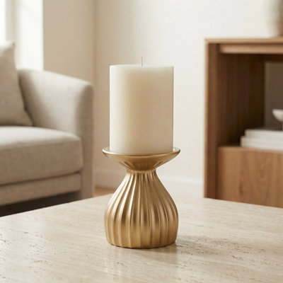 Aurelia Ribbed Contour 5" Gold Ceramic Candle Holder