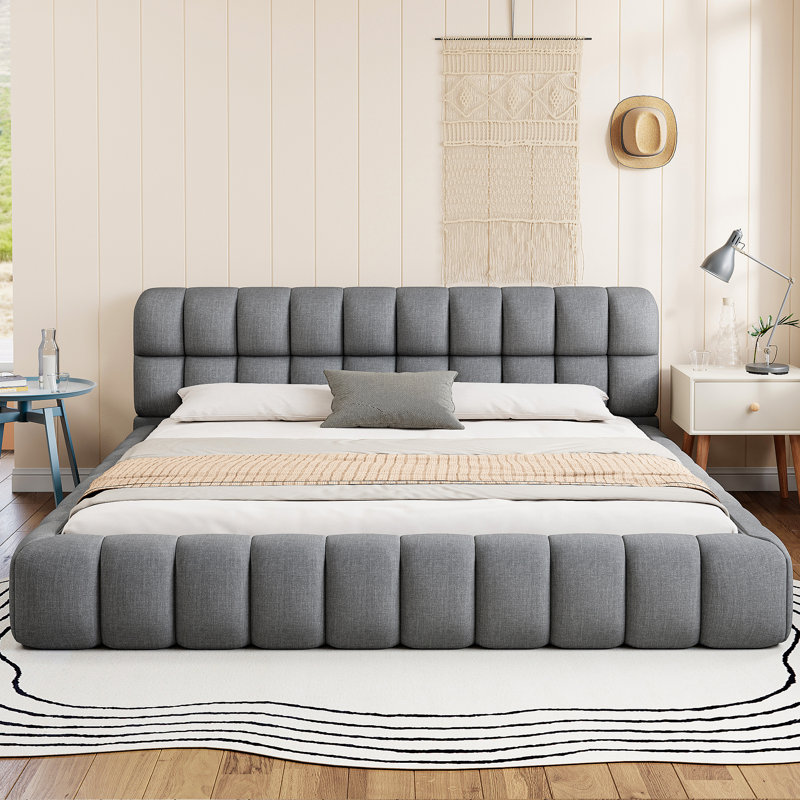 King Size Upholstered Platform Bed with Thick Fabric, Grounded Bed with Solid Frame, Gray, Gray