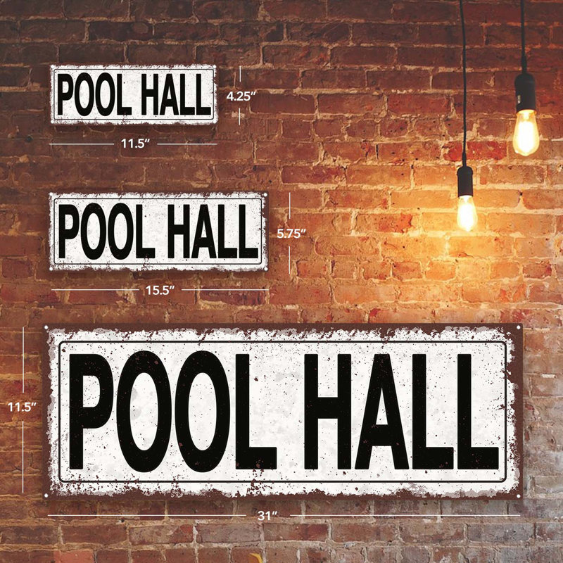 «Pool Hall Metal Sign» sur métal, H 5,75 po x l 15,5 po