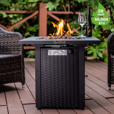 Table de foyer d'extérieur au propane 28 po, 50 000 BTU, table de foyer d'extérieur au gaz avec couvercle, aspect rotin et osier, pierre de lave, certification ETL, avec flamme réglable pour cour de jardin