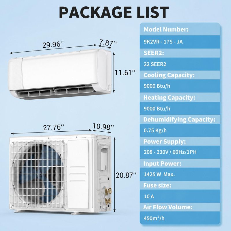20 SEER2 9000 BTU mini pompe à chaleur alternative et à chaleur divisée, refroidit / chauffe jusqu'à 450 pieds carrés, 230 V