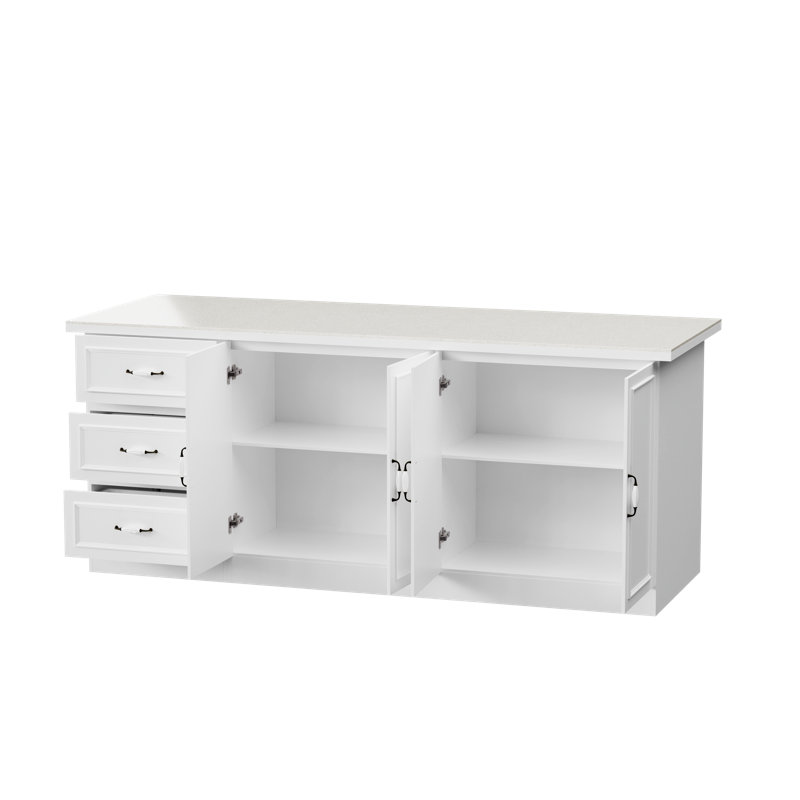 Îlot de 86 po blanc avec dessus en marbre, quatre portes et six tiroirs pour garde-robe
