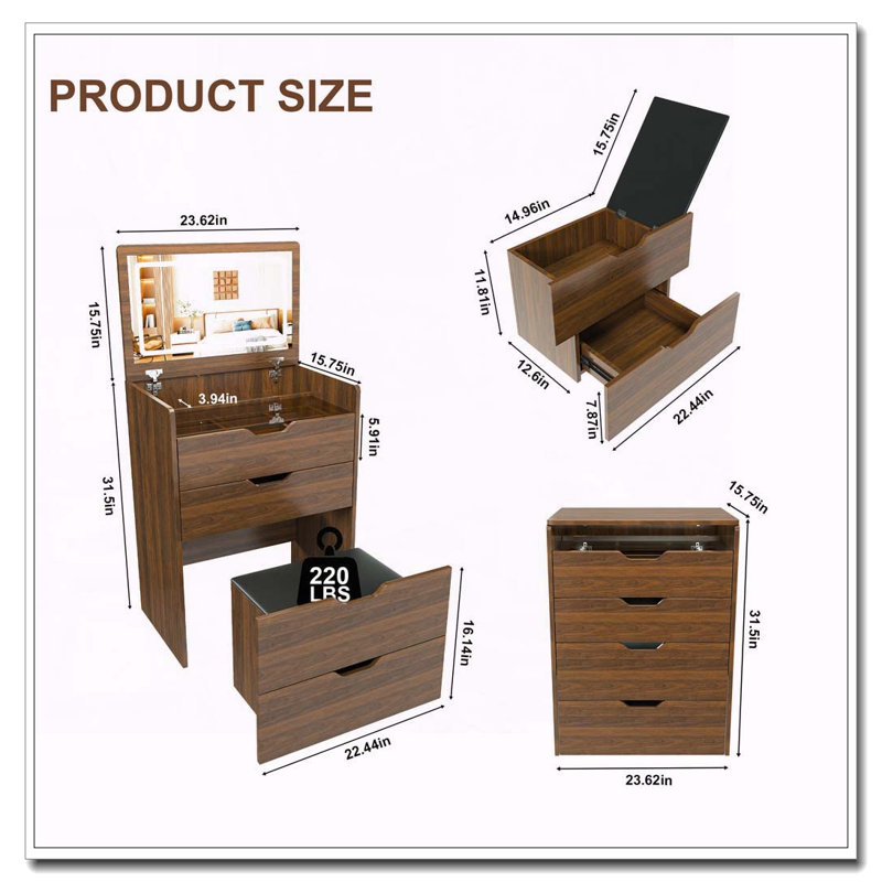 Bureau de coiffeuse 3-en-1 avec miroir éclairé, tabouret et rangement rabattable