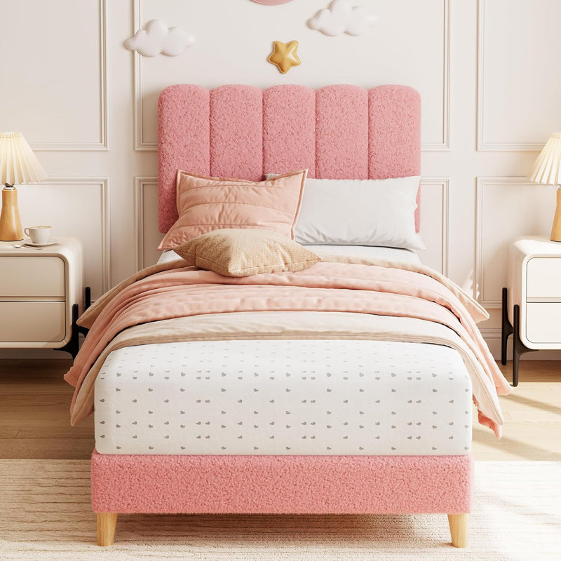 Twin Size Upholstered Platform Bed with Wave Headboard, Velvet Frame for Kids, Wooden Slats Support, No Box Spring Required