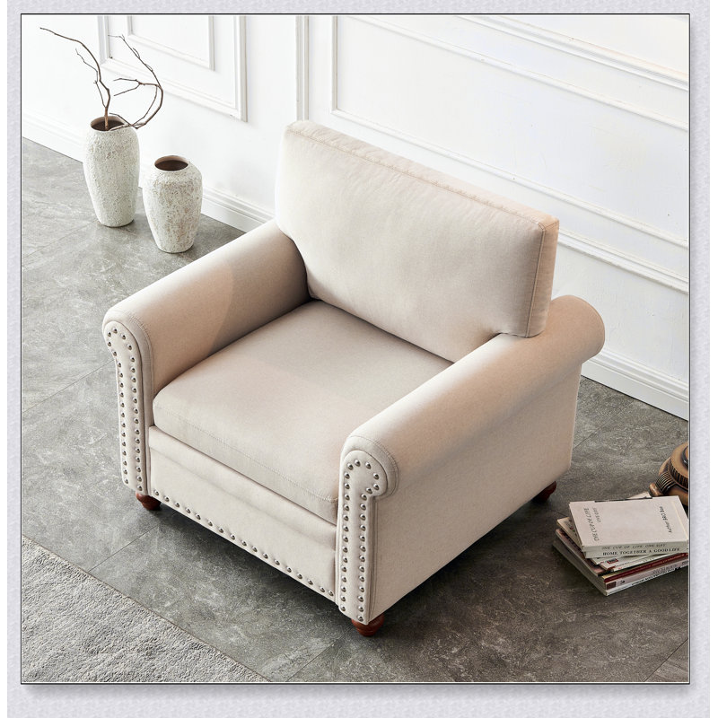 Chaise de salon simple avec pieds en bois, Polyester beige