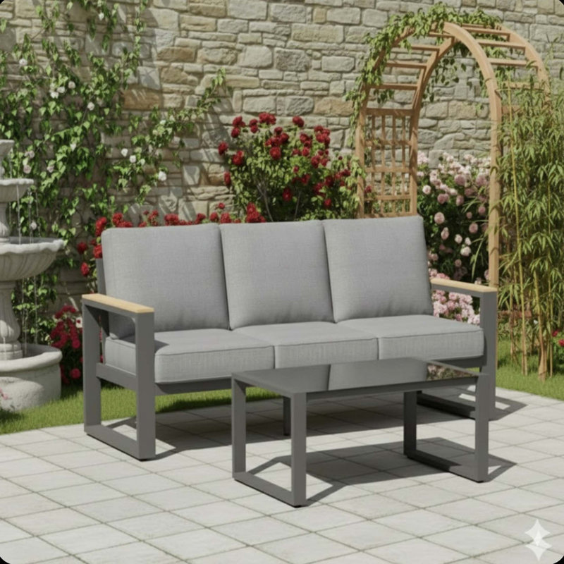 Premium All-Weather Aluminum Patio Sofa Set with Tempered Glass Table, Gray