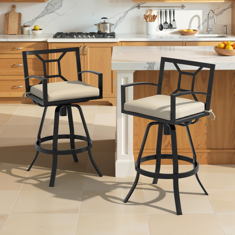 Tabourets de bar pivotants en aluminium avec coussin Sunbrella, Toile beige antique