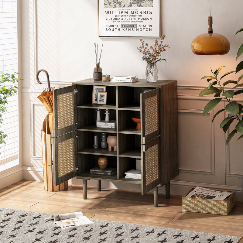 Armoire de rangement en maille rotin 4 portes, buffet avec huit espaces de rangement, pour entrée, salon, couloir, Gris