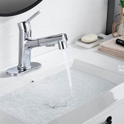 Pull Out Single Hole Bathroom Sink Faucet With Pop Up Drain