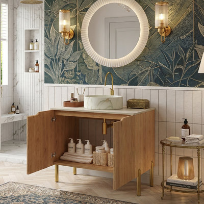 Meuble-lavabo autoportant de style média moderne de 30 pouces, armoire en contreplaqué avec plateau en pierre frittée et portes à fermeture en douceur, finition grain de bois