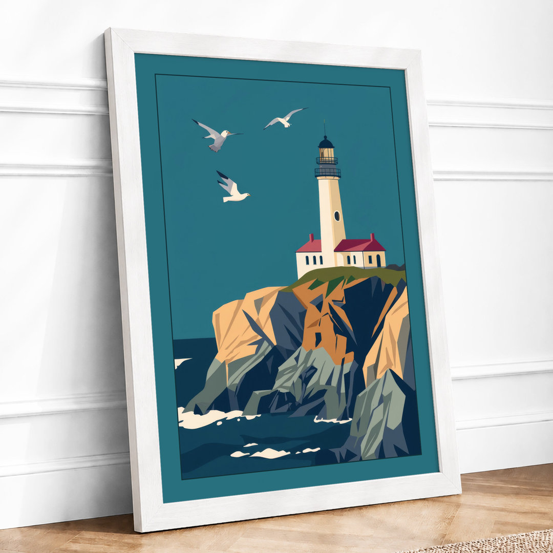 Lighthouse at Rocky Shore Coastal - Framed Print