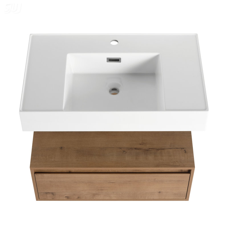 Meuble-lavabo mural de 30 po avec lavabo en résine, tiroir à fermeture en douceur et design flottant pour une élégance moderne