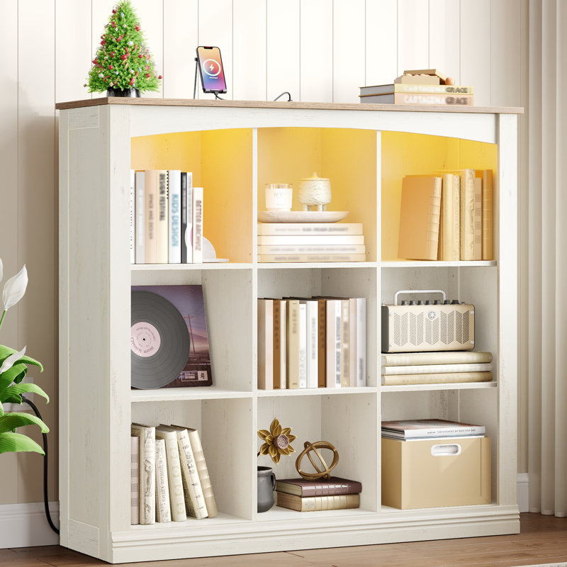 9 Cube Bookcase, Bookshelf with Led Lights, Charging and Open Storage Unit, Wide Wooden Book Shelf for Living Room, Home Office, Bedroom, Study, 30 x 110 x 105 cm 
