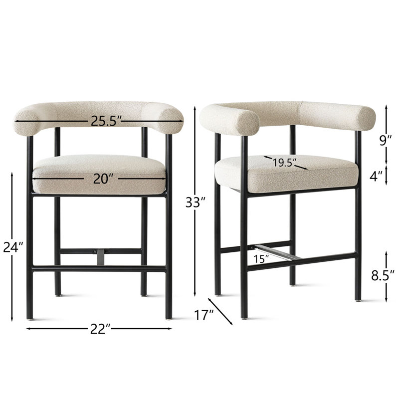 24" Modern Boucle Counter Stools, Upholstered Barrel Back Counter Height Chairs With Black Metal Frame And Footrest For Kitchen Island