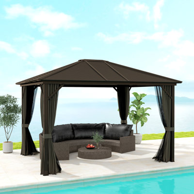 Pavillon de jardin 10 pi x 12 pi avec toit rigide et rideaux de luxe, gris